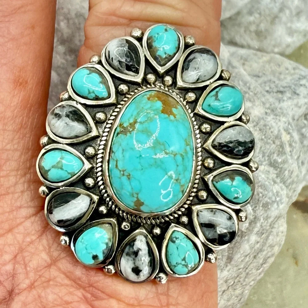 NWT Sierra Nevada Turquoise & White Buffalo Halo Ring 12.90ctw Sterling Silver 8